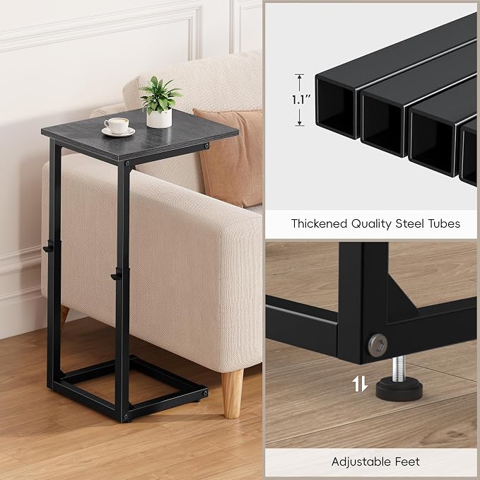 C-Shaped End Table, 33" Tall C Table Adjustable Height Side Table, Small Couch Table with Metal Frame, Slide Under Sofa TV Tray for Living Room, Bedroom, Bedside, Small Spaces, Gray Walnut
