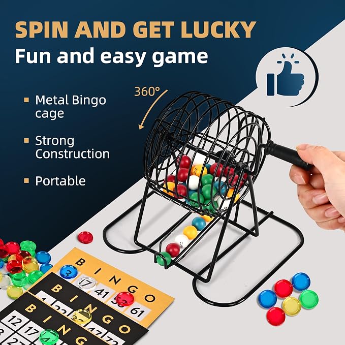 Doublefan Bingo Deluxe Game Set for Adults and Kids - Includes 8 Inch Wheel Cage, 75 Balls, Master Board, 50 Cards and Colorful Chips - Fun Family Game Night