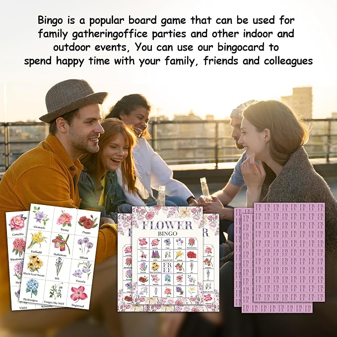 Flowers Bingo Game Cards, Floral Bingo Set for Adults Large Group, Flowers Games for Tea Bridal Shower Birthday Party Decor, Vintage Floral Cards Gifts for Family Friends, 08