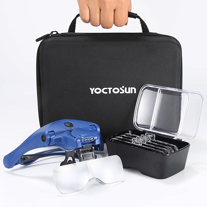 YOCTOSUN Magnifying Glasses with 4 LED Lights 5 Lenses Headband Storage Case Hands Free Lighted Head Magnifier for Crafts Cross Stitch Painting Close Work and Hobby