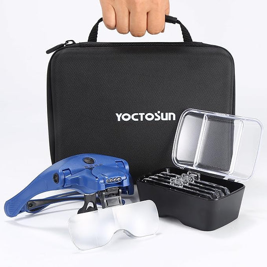 YOCTOSUN Magnifying Glasses with 4 LED Lights 5 Lenses Headband Storage Case Hands Free Lighted Head Magnifier for Crafts Cross Stitch Painting Close Work and Hobby