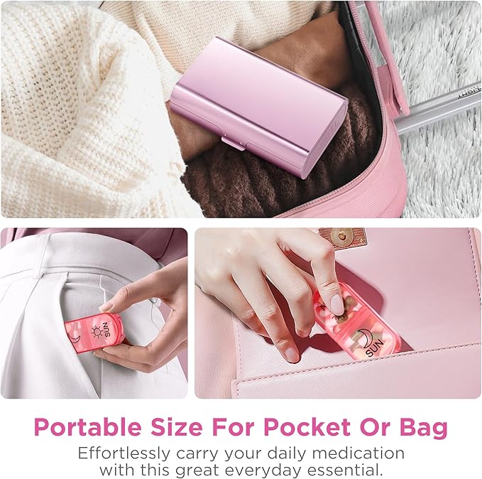 Zannaki Metal XL Weekly Pill Organizer 2 Times a Day, Large Travel Daily Pill Box 7 Day, Portable Week Twice Pill Holder Container, AM PM Pill Case for Medicine Vitamin Medication Supplement, Pink