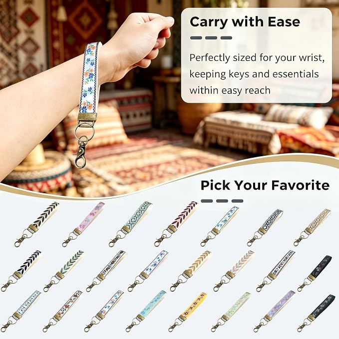 Boho Vintage Embroidered Floral plant Wristlet Keychain for Women | Cute Lanyard&Antique Brass Clasp, Lightweight Hands-Free Key Holder for keys,purses,handbags and daily outdoor use for ladies