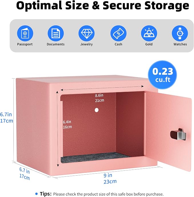 CDC DIGI Steel Security Safe Box with Key Lock,Safe Box for Home, Office, Money, Jewelry, Documents and Valuables, 0.23 Cubic Feet, 9.06" W x 6.69" D x 6.69" H, Pink
