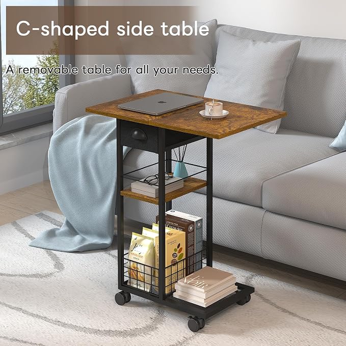 Large C Shaped End Table, Tray Table with Wheels, Drawer and Storage Basket | Large 23.6 x 15.7-Inch Top: 360°wheel rotation, 3-Tier storage with drawer and wheels or adjustable feet.