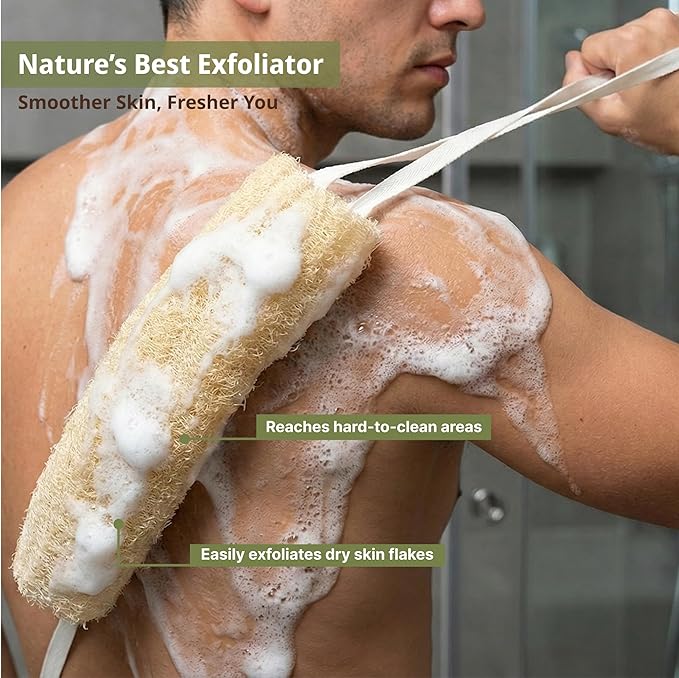 Natural Loofah Exfoliating Back & Body Scrubber Set | 40" Natural Whole Loofah Back Scrubber with Handles for Deep Cleansing | 100% Plant-Based Eco Luffa Shower Sponges for Women & Men