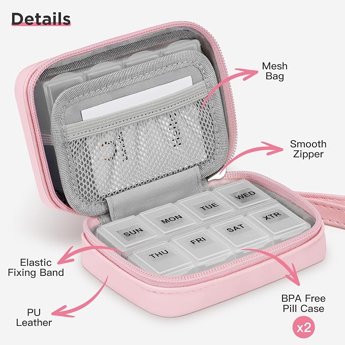 Zannaki Cute Pill Organizer for Purse with Two Removable 7-Day Pill Box, Travel PU Leather Pill Case, Portable Weekly Pill Container with Storage Bag to Hold Vitamins, Fish Oils, Supplements (Pink)