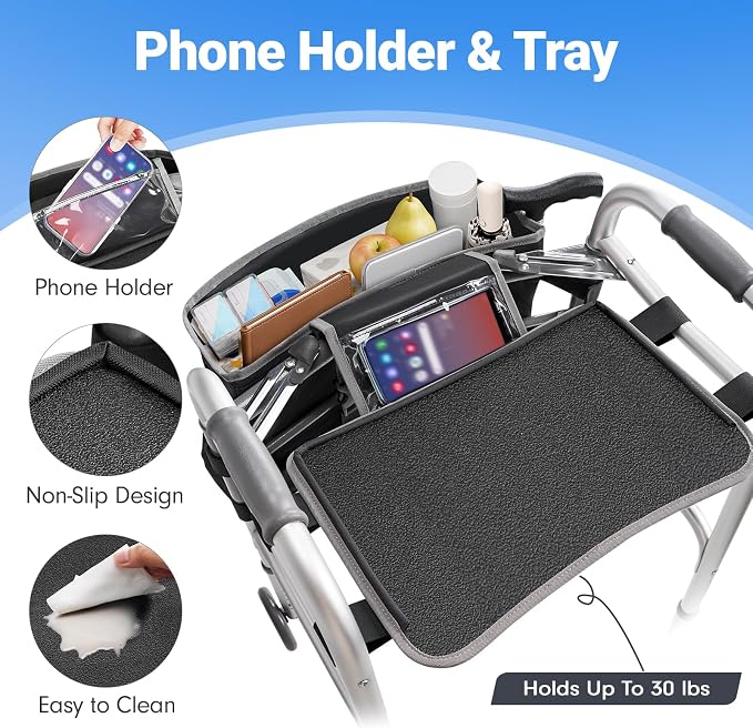 Ytonet Walker Basket with Tray, Detachable Walker Tray for Folding Walkers | Large Capacity Storage Baskets with Phone and Crutch Holder Water-Resistant Non-slip Walkers Accessories for Seniors Black