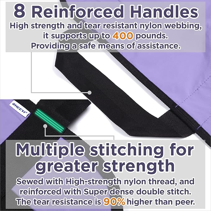 Multipurpose 48" x 40" Positioning Bed Pad with Reinforced Handles - Reusable & Washable Patient Sheet for Turning, Lifting & Repositioning - Double-Sided Nylon Fabric, Purple