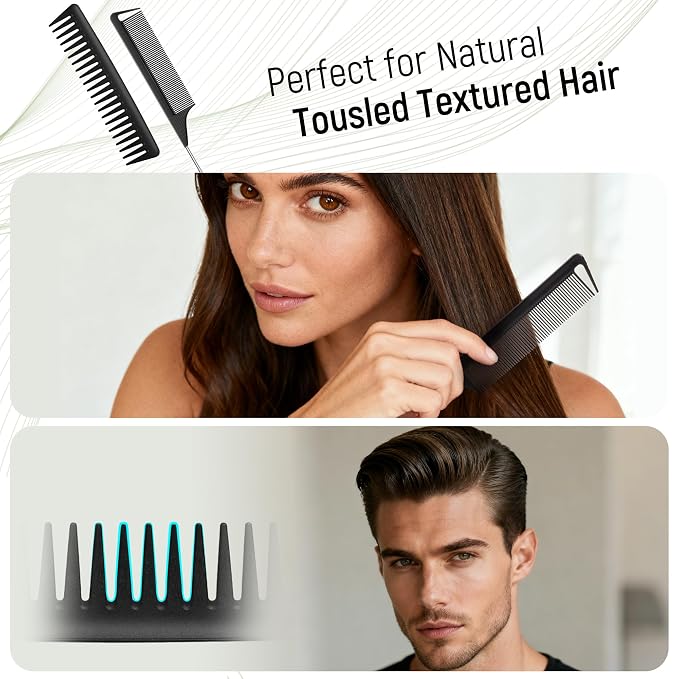 SALONSILK Hair Brush Comb Set, 5PCS Women Men Hair Brush & Styling Comb Set, Wide Tooth Rat Tail Fine Tooth Paddle Roller Combs, Professional Barber Tools for All Types