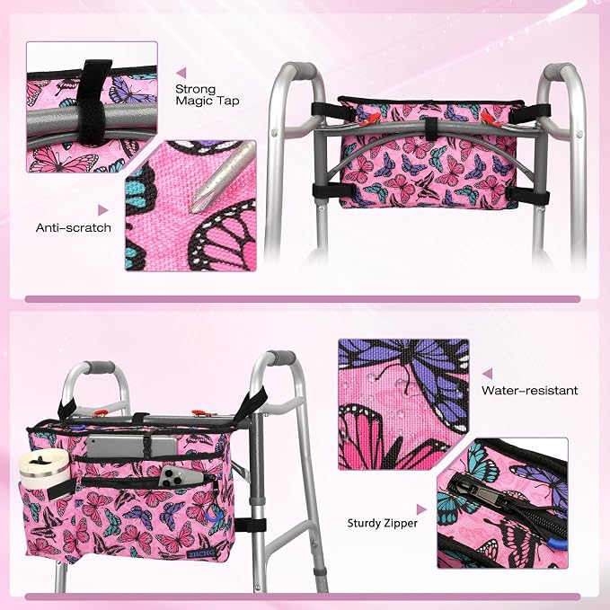 ZHCHG Walker Bag with Cup Holder, Walker Accessories for Seniors Detachable | Foldable Walker Basket with Large Capacity, Best Gift (Not Fit Rollator Walkers)- Lightpink