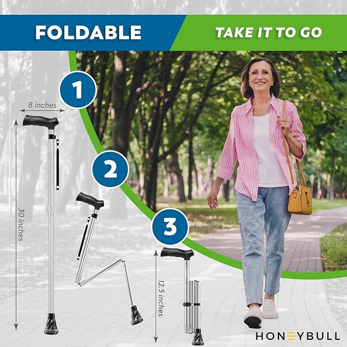 HONEYBULL Walking Cane for Men & Women – Foldable, Adjustable, Lightweight Cane with Air Cushion Tip for Stability & Ergonomic Grip, Heavy Duty Walking Sticks for Seniors