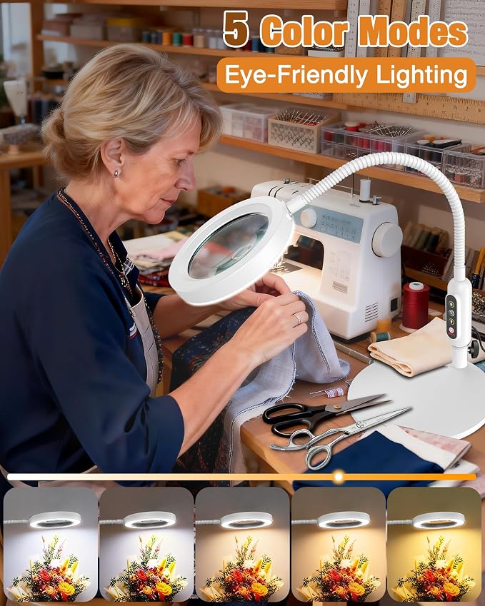 30X 10X Magnifying Glass with Light and Stand, 5 Color Modes Stepless Dimmable, Optical Grade HD Lens, LED Lighted Magnifier Hands Free with 20.5in Flexible Gooseneck for Close Work - White