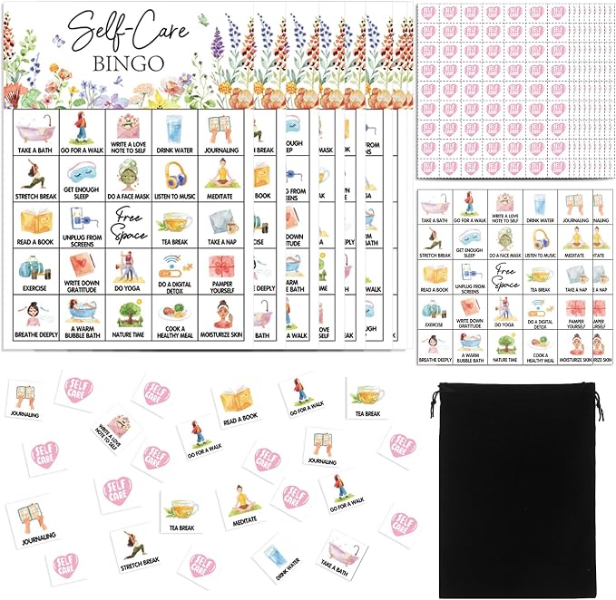 Pasimy 37 Pcs Self Care Bingo Game - 24 Self Care Bingo Cards, Therapy Bingos Games for Adults Large Group Mental Health Awareness Month Party Activities Supplies Counseling Session Gift