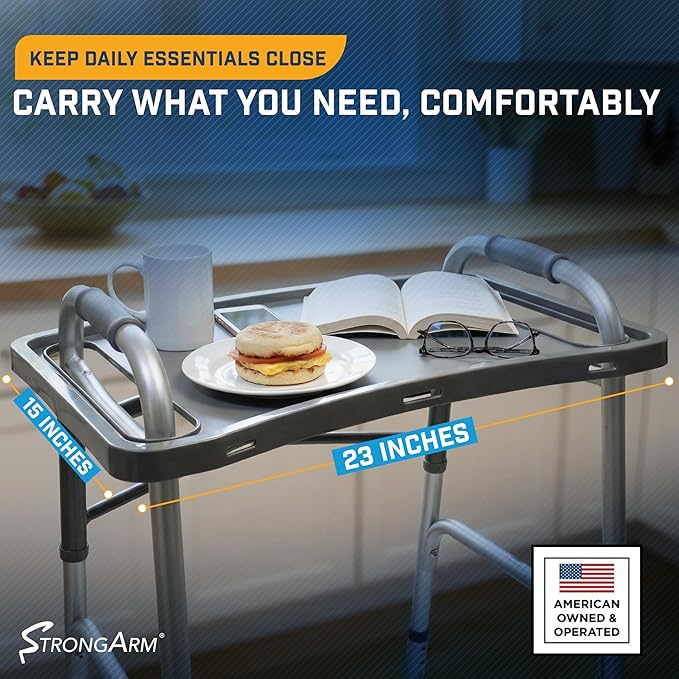 StrongArm Walker Tray with Cup Holder, Tray for Folding Walkers, Food Tray, Walker Accessories, Tray Table for Standard Adult Walkers (Gray)