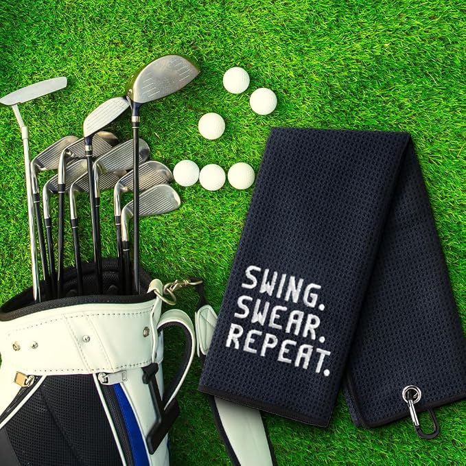 Swing Swear Repeat Embroidered Golf Towel, Funny Towels for Golf Bags with Clip, Golf Accessories for Men Women, Birthday Retirement Gifts for Grandpa Dad Golfer, Golfing Gifts for Grandpa Bro