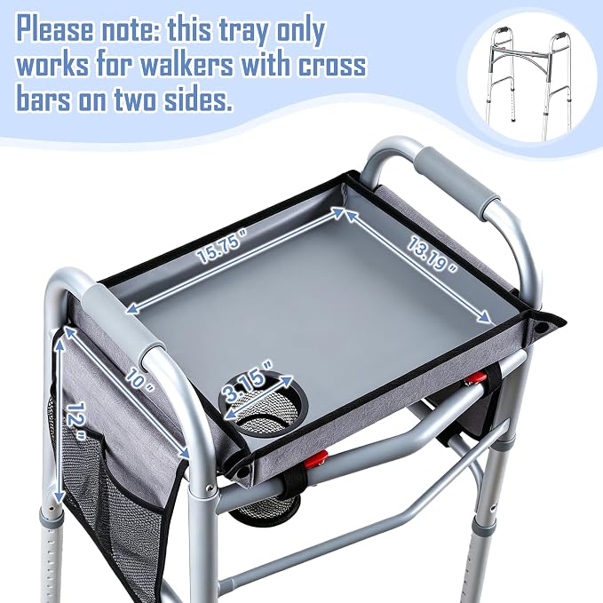 Walker Tray with Two Side Pockets – Universal Seniors Walkers Accessories | Adjustable Side Panels, Waterproof & Easy to Install, With Cup Holder, Cup Holder Keeps Drinks Stable