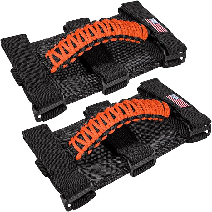 Roll Bar Grab Handles Grip Handle for Jeep Wrangler JK JKU JL JLU TJ YJ Sport Sahara Freedom Rubicon Unlimited Gladiator JT 1955-2023 UTV ATV Accessories Premium Paracord US Flag (Orange 2 Pack)