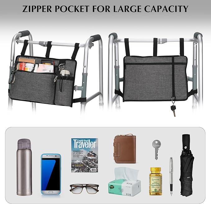 Walker Accessories for Seniors - Folding Walker Bag with Cup Holder, Storage Basket, and Organizer Pouch, Grey