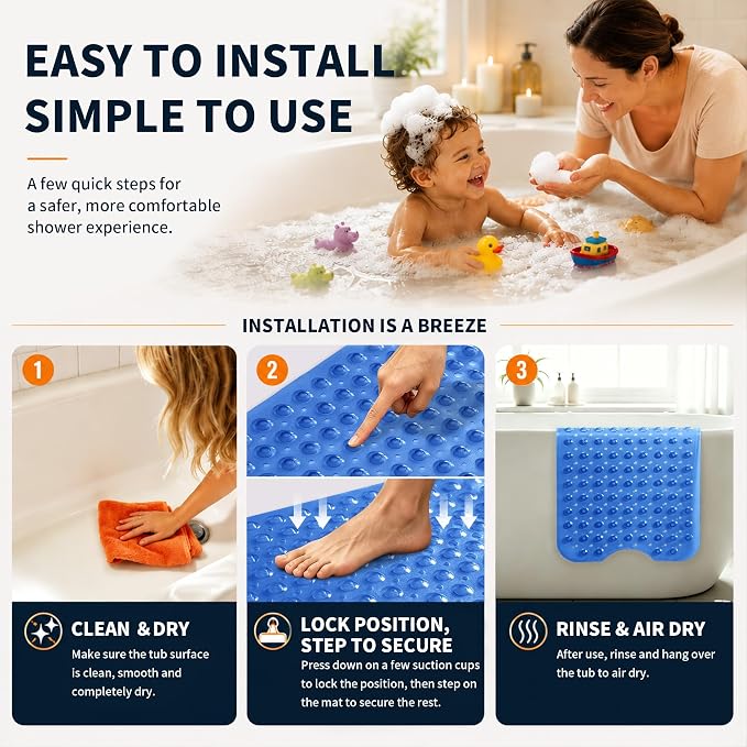 Yimobra Non Slip Bathtub Mat 40 x 16 Inch, Extra Long Shower Mat with Drain Holes, Machine Washable Baby Bath Mats, Strong Suction Cups for Bathroom Floor, Clear Navy Blue