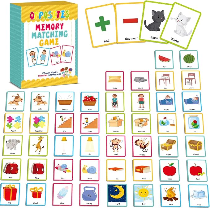 gisgfim 100 PCS Opposites Memory Matching Game Sight Words Concentration Memory Card Educational Game for Kids Preschool Learning Educational Ages 3-8 A Fun & Fast Gift Activities Matching Games