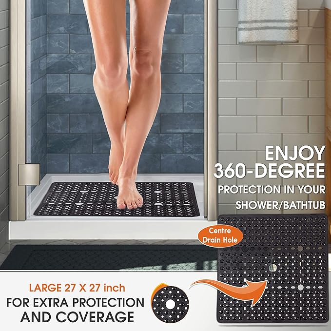ENKOSI Square Shower Mat 27x27 inch - Large Anti Slip Shower Floor Mat - Non Slip Bathroom Shower Stall Mats with Strong Secure Suction Cups and Drain Holes in Middle (Charcoal 27x27)