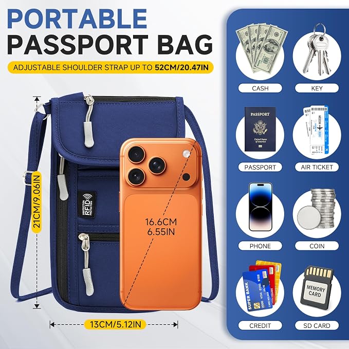 RFID Blocking Passport Holder for Travel with Tracker Case, Neck Wallet with Adjustable Lanyard 6 Compartments Pouches Passport Wallet for Family (Black)