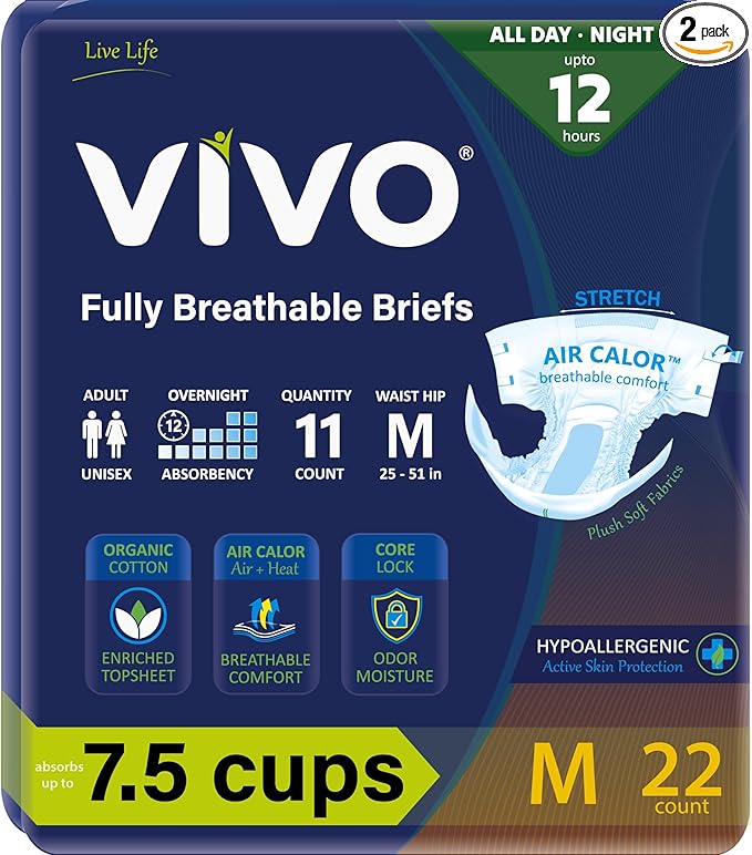 VIVO Organic Cotton Overnight Sensitive Skin Adult Incontinence Diaper Briefs with Tabs, Medium 22 Count