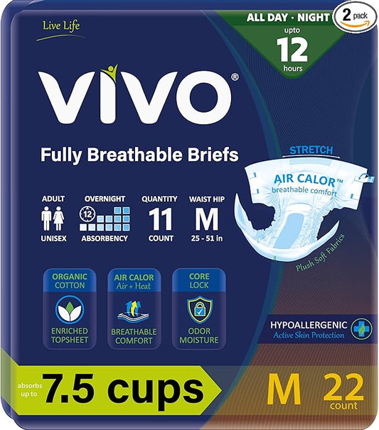 VIVO Organic Cotton Overnight Sensitive Skin Adult Incontinence Diaper Briefs with Tabs, Medium 22 Count