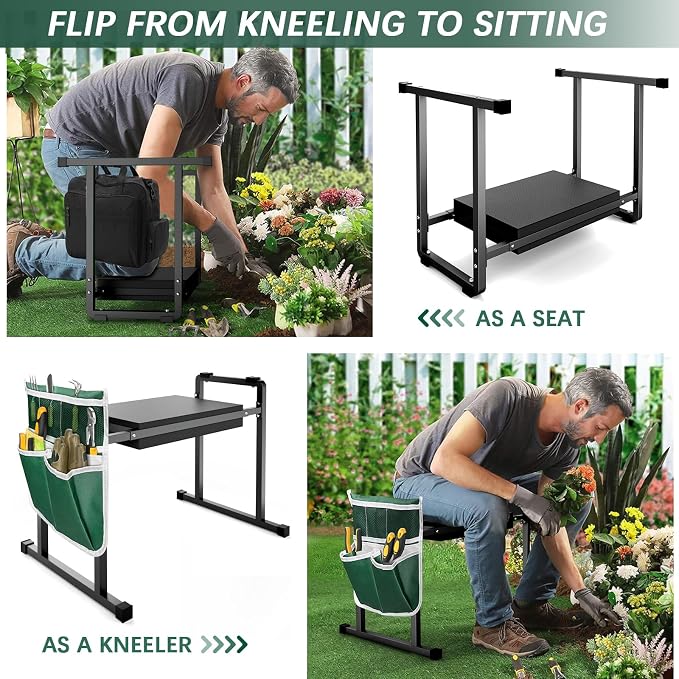 Garden Kneeler and Seat, 10.2" Stable and Save Anti-Tipping with Handle | Multifunctional Gardening Stool for Seniors Kneeler Bench, Gardening Gifts for Women, Seniors Grandparents, Black