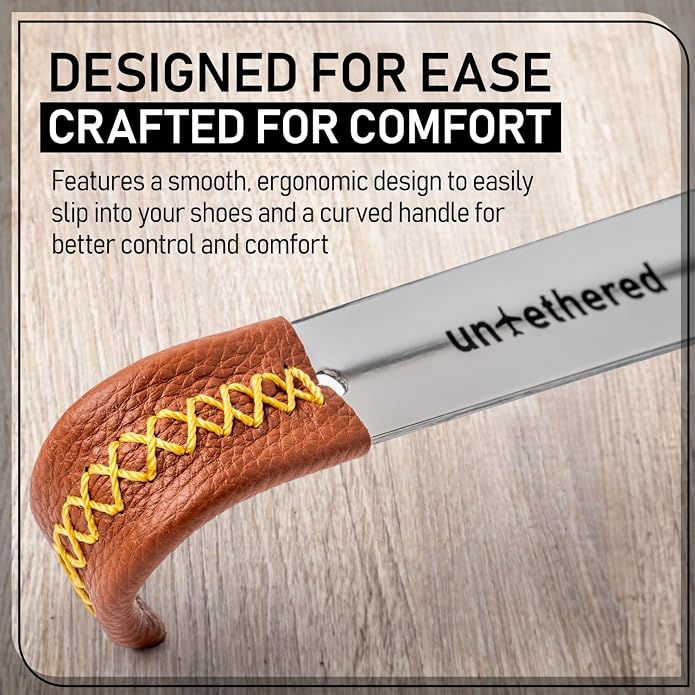 Untethered Long Metal Shoe Horn with Leather Handle | Durable Shoe Spoon for Seniors, Men, Women & Kids | Easy-to-Use Boot & Ski Shoehorn | Sturdy Long Handle Shoehorn.