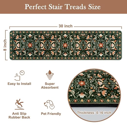 OJIA Floral Stair Treads Non-Slip Stair Runner for Wooden Steps 15PC 30"x8" | Indoor Carpet Stair Treads Stair Mats Staircase Step Treads for Kids, Elders and Dogs, Stair Covers, Black