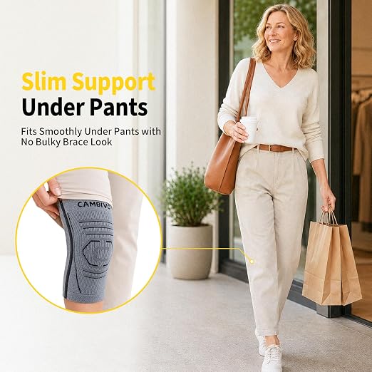 CAMBIVO 2 Pack Knee Brace for Women & Men, Latex Free & Silicone Free Compression Knee Sleeves with Side Stabilizers, Lightweight Knee Support for Arthritis, Meniscus, Walking, Running (Gray, Medium)