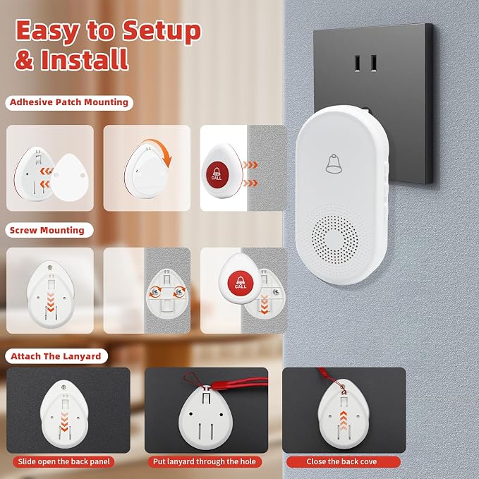 Wireless Caregiver Pager SOS Call Button for Elderly Monitoring 1000+ Feet Life Alert，Emergency Alert System Call Bell for Nurse Patient Disabled 1 Waterproof Transmitter & 1 Plugin Receiver