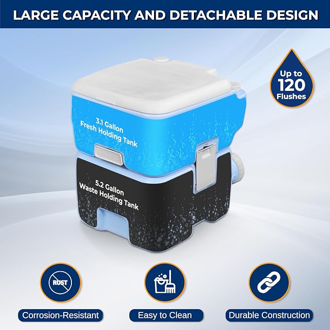 SereneLife 5.2 Gal Portable Camping Toilet For Adults, 100+ Flushes Porta Potty Camp Toilet with Detachable Waste Tank, 120+ Flushes, Hand Sprayer, Carry Bag for Camping, Hiking, and Boating