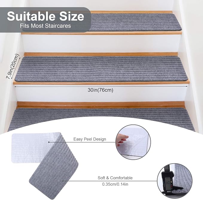 15 PCS Non Slip Stair Treads for Wooden Steps – 8"x30" Indoor Non Slip Stair Treads, Carpet Stair Mats with Self-Adhesive Backing, Removable & Machine Washable – Light Grey