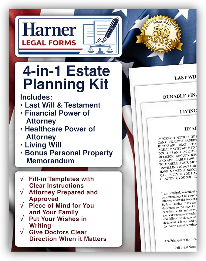 4-in-1 Estate Planning Kit – Last Will & Testament + Financial POA + Healthcare POA + Living Will – Attorney-Drafted Templates with Instructions