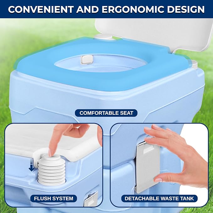 SereneLife 5.2 Gal Portable Camping Toilet For Adults, 100+ Flushes Porta Potty Camp Toilet with Detachable Waste Tank, 120+ Flushes, Hand Sprayer, Carry Bag for Camping, Hiking, and Boating