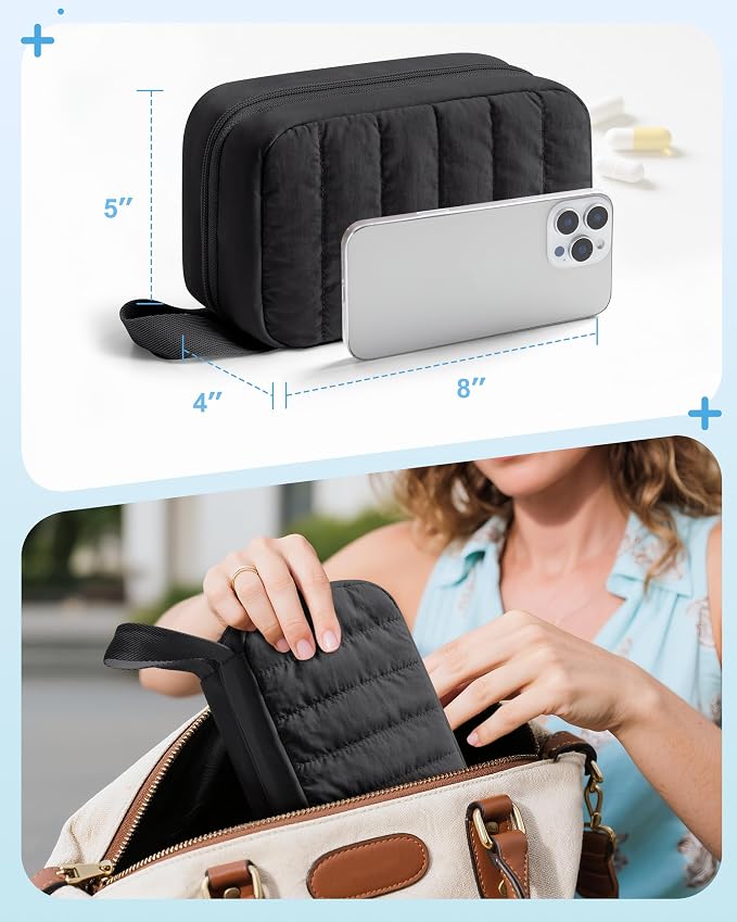 Marscamd Puffy Diabetes Travel Case with 2 Ice Packs, Insulin Cooler Travel Case with Multiple Pockets, Black