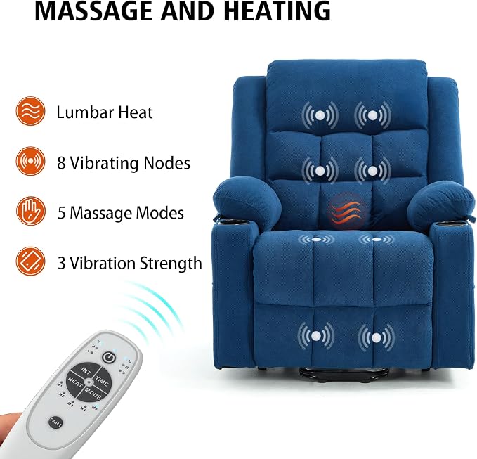 Ketaiyou Electric Power Lift Recliner Chair Sofa with Massage and Heat for Elderly, USB and Type-C Ports, Cup Holders, Infinite Position (NV Blue, Regular)