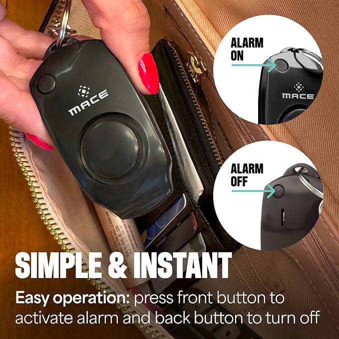 Mace Personal Safety Alarm - Loud 130db Siren, Built in Emergency Whistle, Easy On/Off Push Button Activation, Batteries Included, Personal Alarm for Women & Men - Black