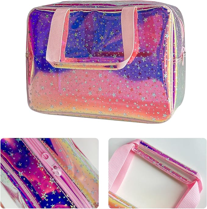 TPU Holographic Pink Star Large Cosmetic Bag 12x5x8 inch Travel Pouch with Handle,Durable Material,Zipper Design-Ideal for Makeup,Travel Essentials (9593-8)