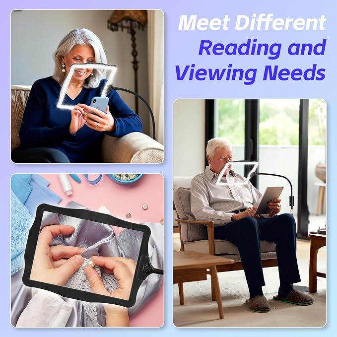 Large Floor Magnifying Glass with Light and Stand, 48-LED Lighted | Lighted Adjustable Height Floor Magnifying Lamp with 360° Flexible Gooseneck, Hands Free Magnifier for Close Work Reading