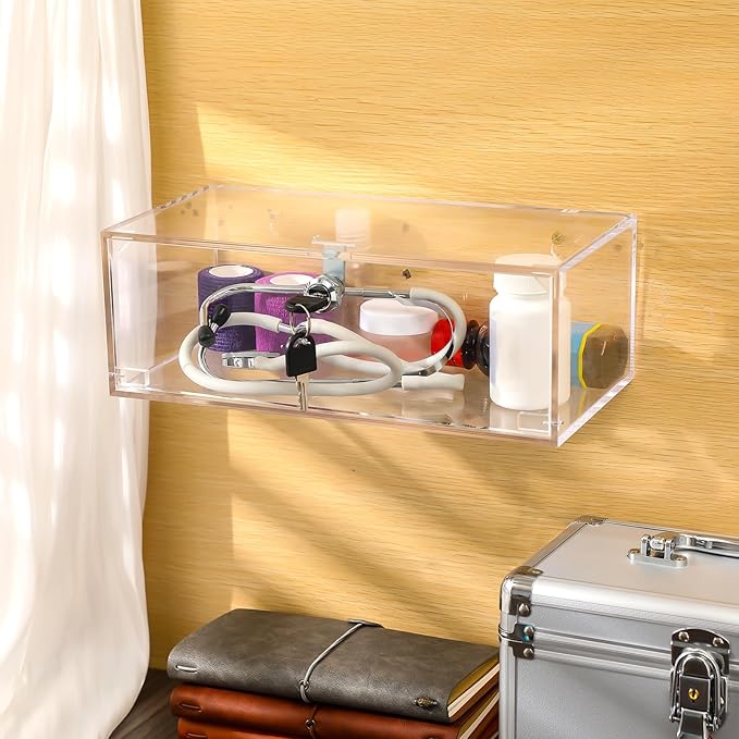 Refrigerator Medicine Lock Box with Keys and Mounting Hardware 12 x 6 x 4.5 Inch Wall Mount Locking Medicine Box Clear Acrylic Wall Cabinet, First Aid Kit for Emergencies Home Use
