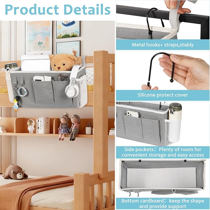 Bedside Caddy, Bedside Storage Bag Hanging Organizer for Bunk Dorm Bed Rail | Bed Caddy with Hooks, Top Bunks and Dorm Essentials for Water, Tissues, Tablets, Books, Phones, Remotes and Other Necessories