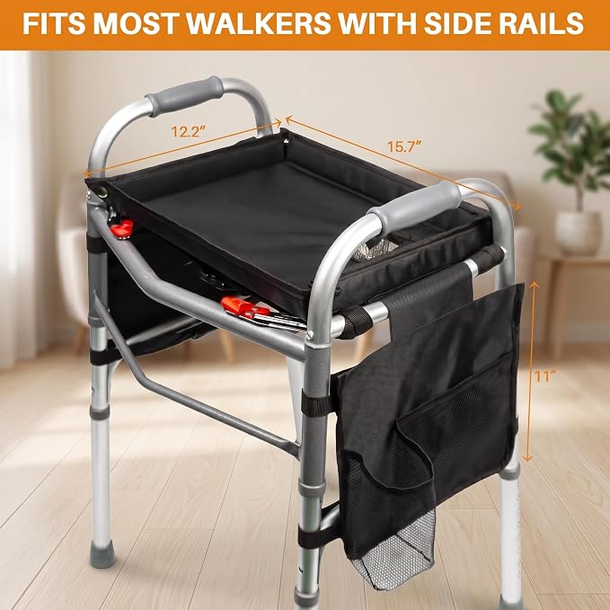 Walker Tray with Cup Holder with 2 Side Pockets, Tray for Folding Walkers, Food Tray, Walker Accessories, Tray Table for Standard Adult Walkers