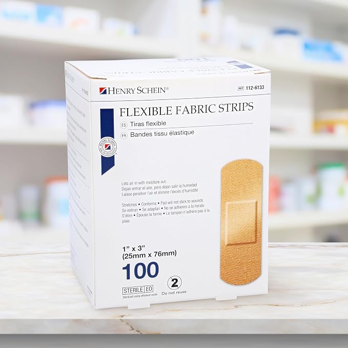 Henry Schein Adhesive Fabric Strip Bandages 1" x 3", Sterile, 100 Ct | Latex Free, Tan, Non-Stick Pad, Everyday Cuts and Scrapes, 100 Count Box, Perfect for First Aid Kits, Home and Medical Use