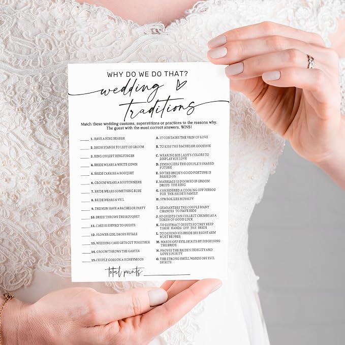 Bridal Shower Game Cards, Why Do We Do That Fun Icebreaker for Engagement Party Guests, 25 Cards with Answer Key, Minimalist White Wedding Shower Party Supplies - A08-3