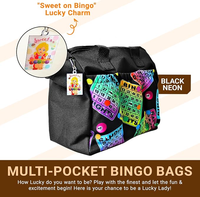 LUCKY LADY DAUBER CO. Neon Bingo Bags with Pockets, 6 Pocket Bingo Daubers Bag with Inside Liner and Sweet on Bingo Lucky Charm - Card and Dauber Bingo Bags for Women, Black Bingo Dauber Bag