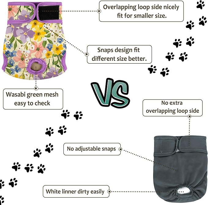 Washable Female Dog Diapers (5 Pack) - Doggie Reusable Small Medium Large Dog Diapers for Doggy Puppy Female in Period - Highly Absorbent Dog Heat Panties,S Plus,Green
